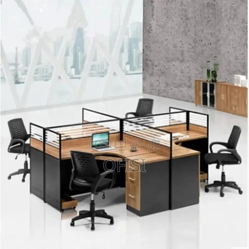 Office Workstation; Brown 4 Way Curved Office Workstation