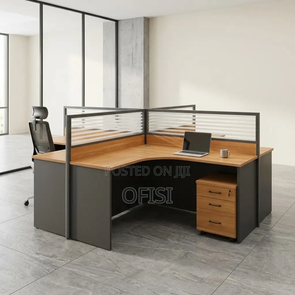 Office Workstation; Brown 4 Way Curved Office Workstation