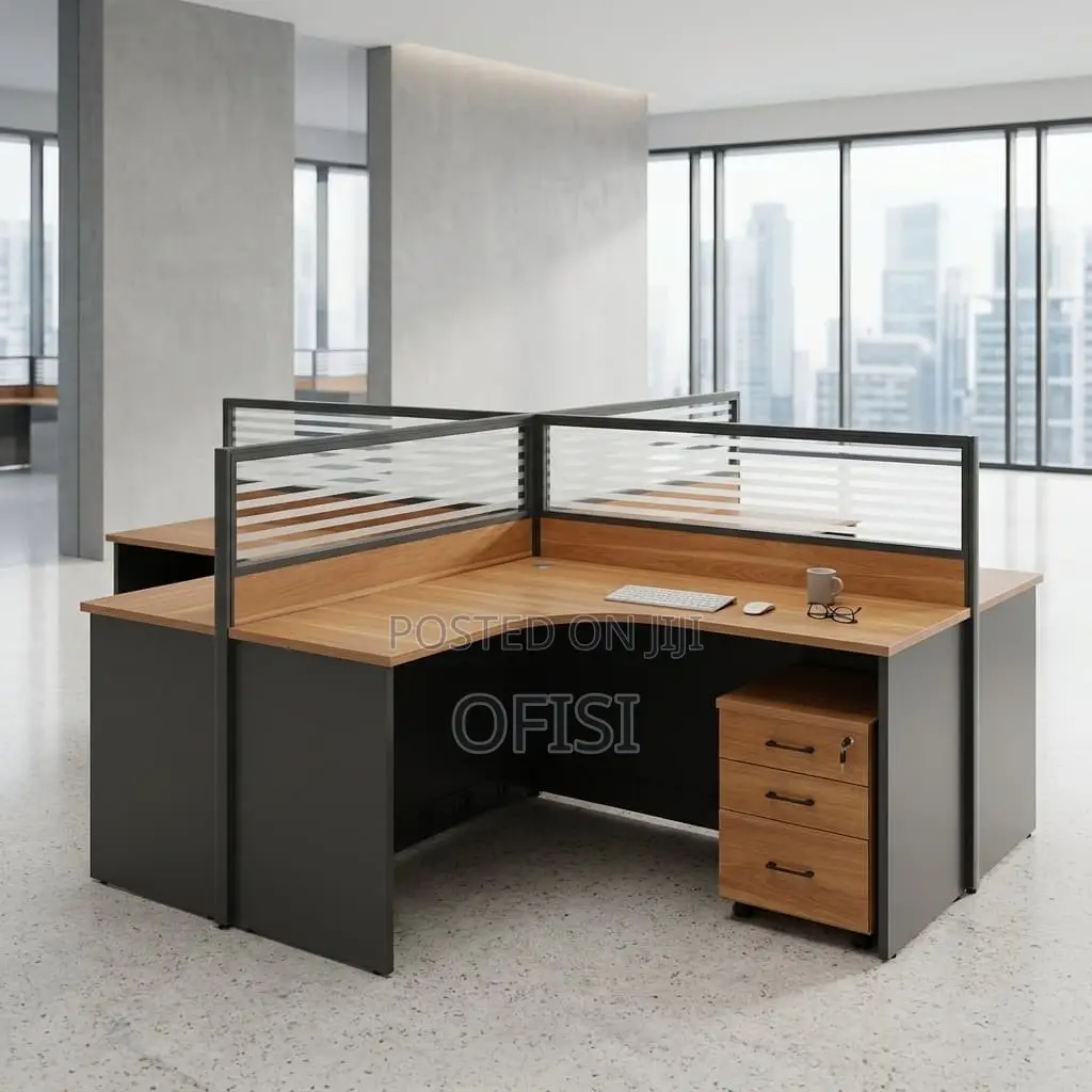 Office Workstation; Brown 4 Way Curved Office Workstation
