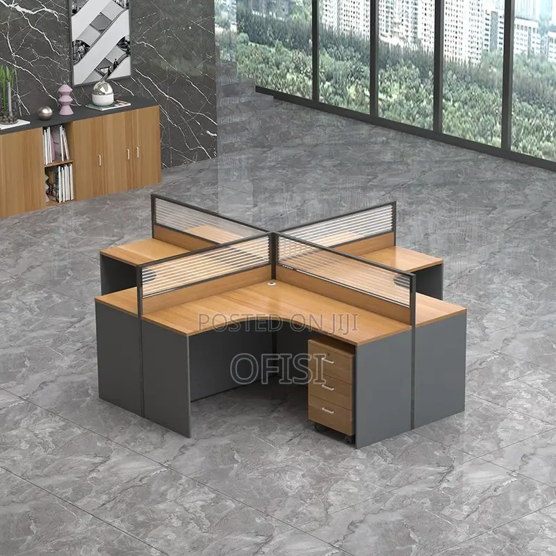 Office Workstation; Brown 4 Way Curved Office Workstation