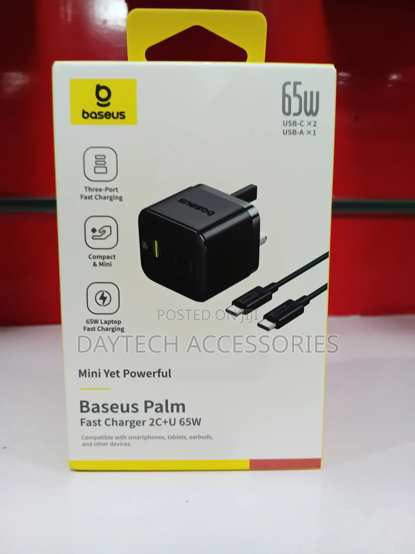 This Is a Baseus Palm Fast Charger 2c+U 65w Three-Port Wall Charger.