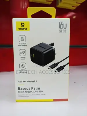 This Is a Baseus Palm Fast Charger 2c+U 65w Three-Port Wall Charger.