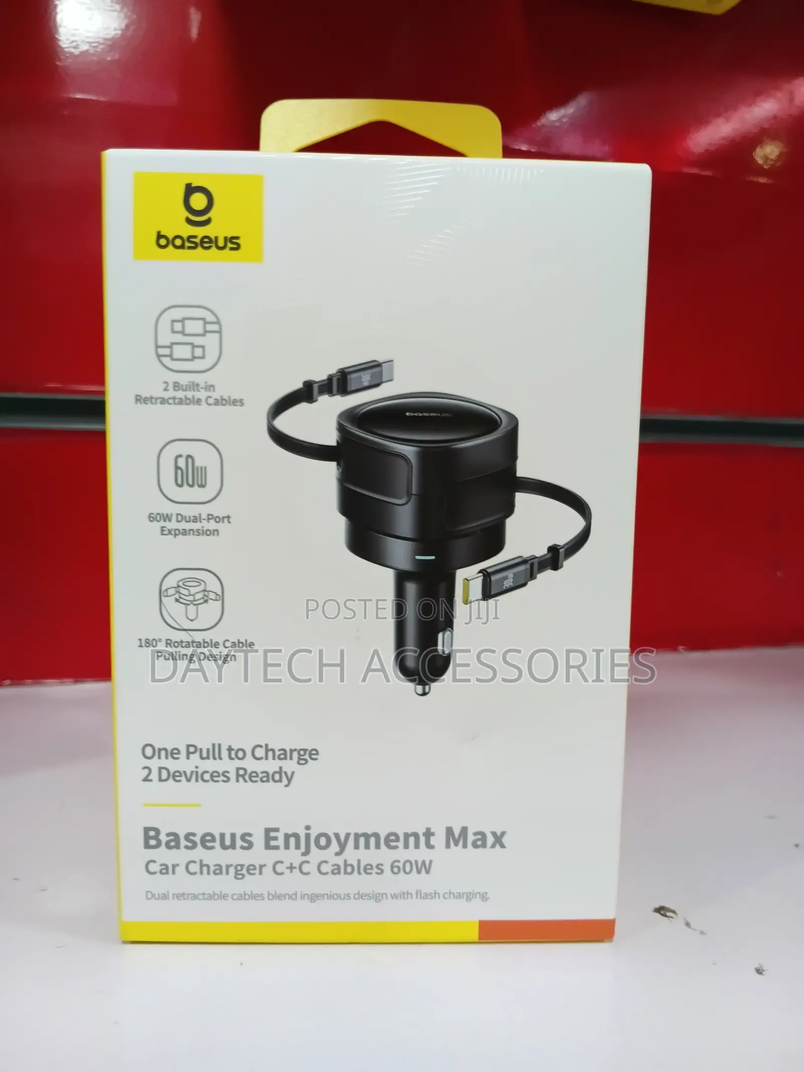 Baseus 60w Usb-C Retractable Car Charger – 3-in-1 Fast Charging.