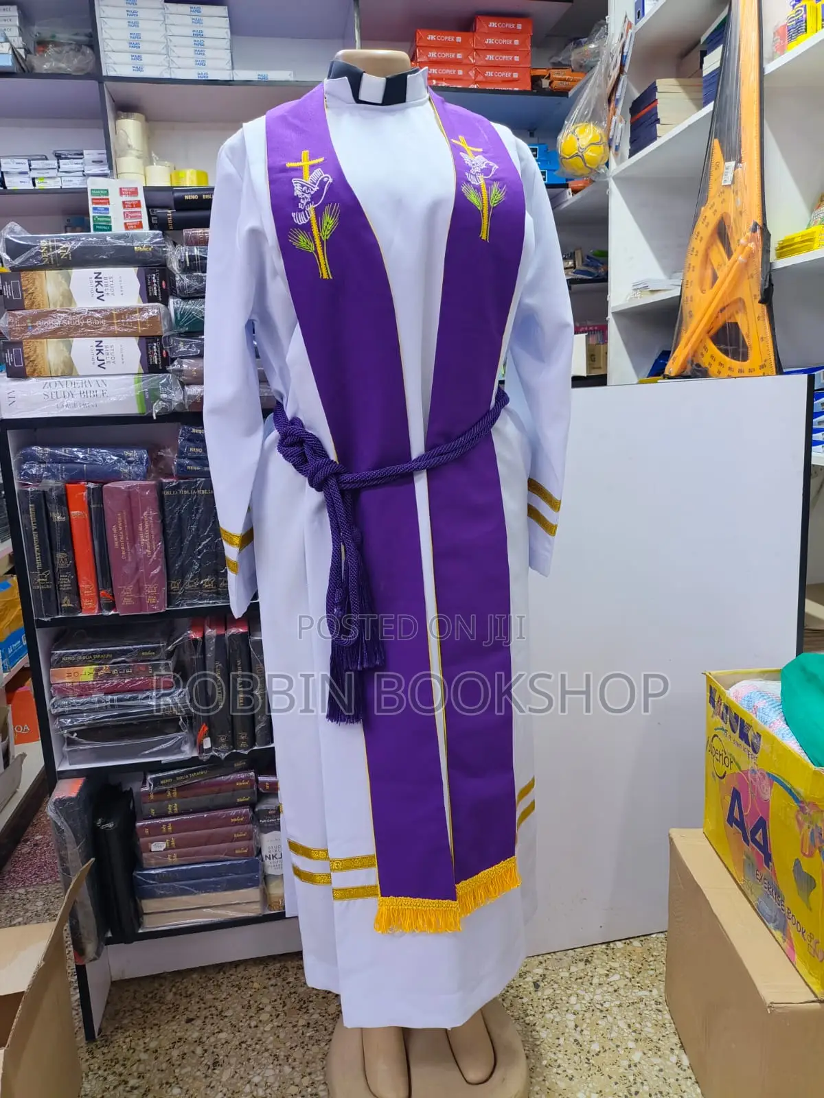 White Clergy Robe With Purple Stole And Rope Belt