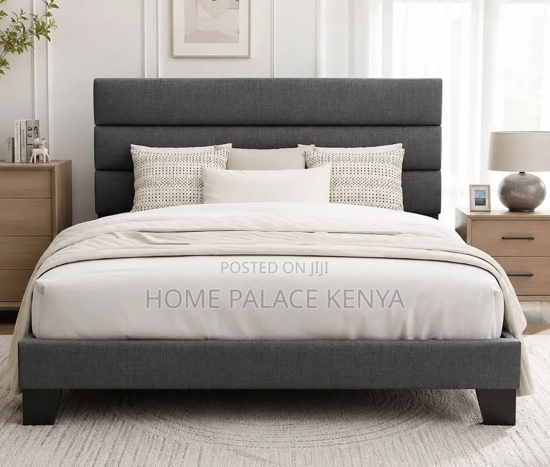 Twin Bed: White Upholstered Fabric Twin Bed