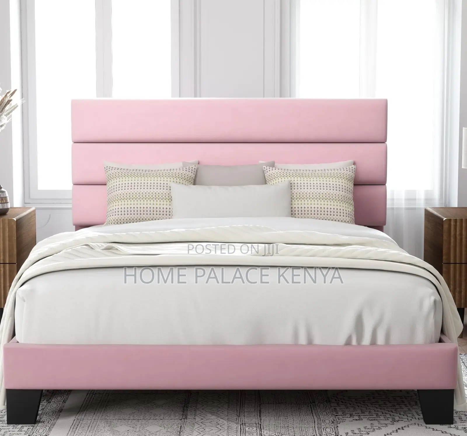 Twin Bed: White Upholstered Fabric Twin Bed