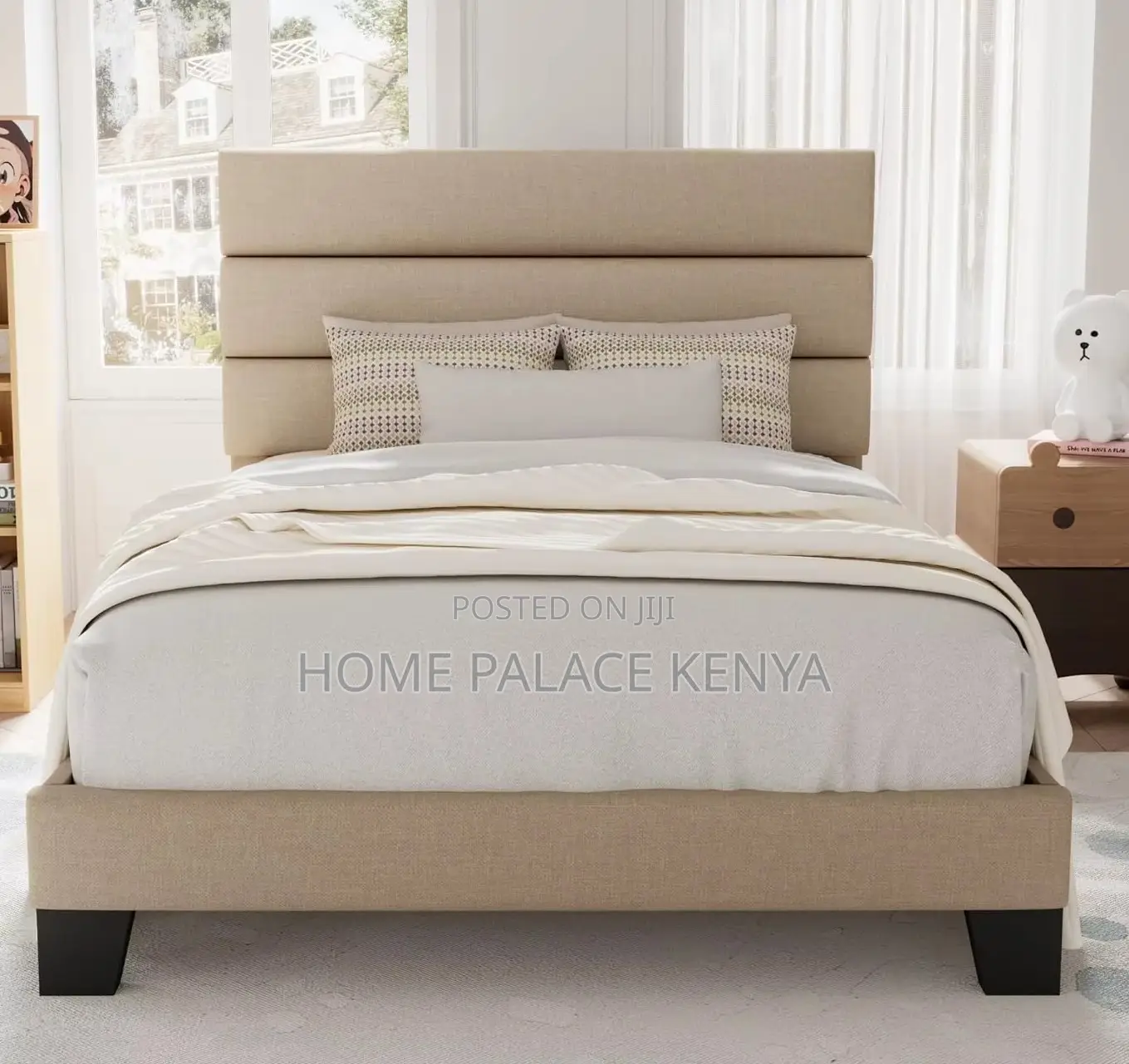 Twin Bed: White Upholstered Fabric Twin Bed