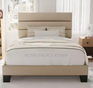 Twin Bed: White Upholstered Fabric Twin Bed