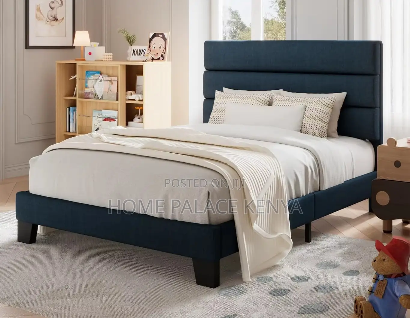 Twin Bed: White Upholstered Fabric Twin Bed
