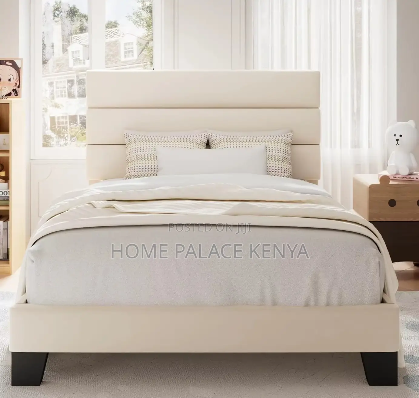 Twin Bed: White Upholstered Fabric Twin Bed