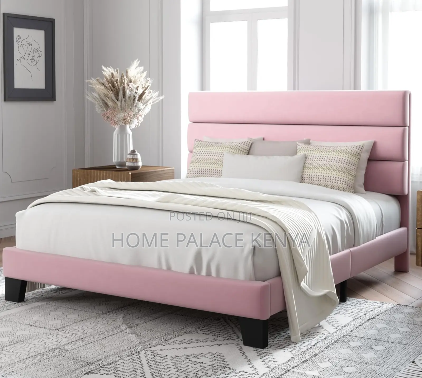 Twin Bed: White Upholstered Fabric Twin Bed