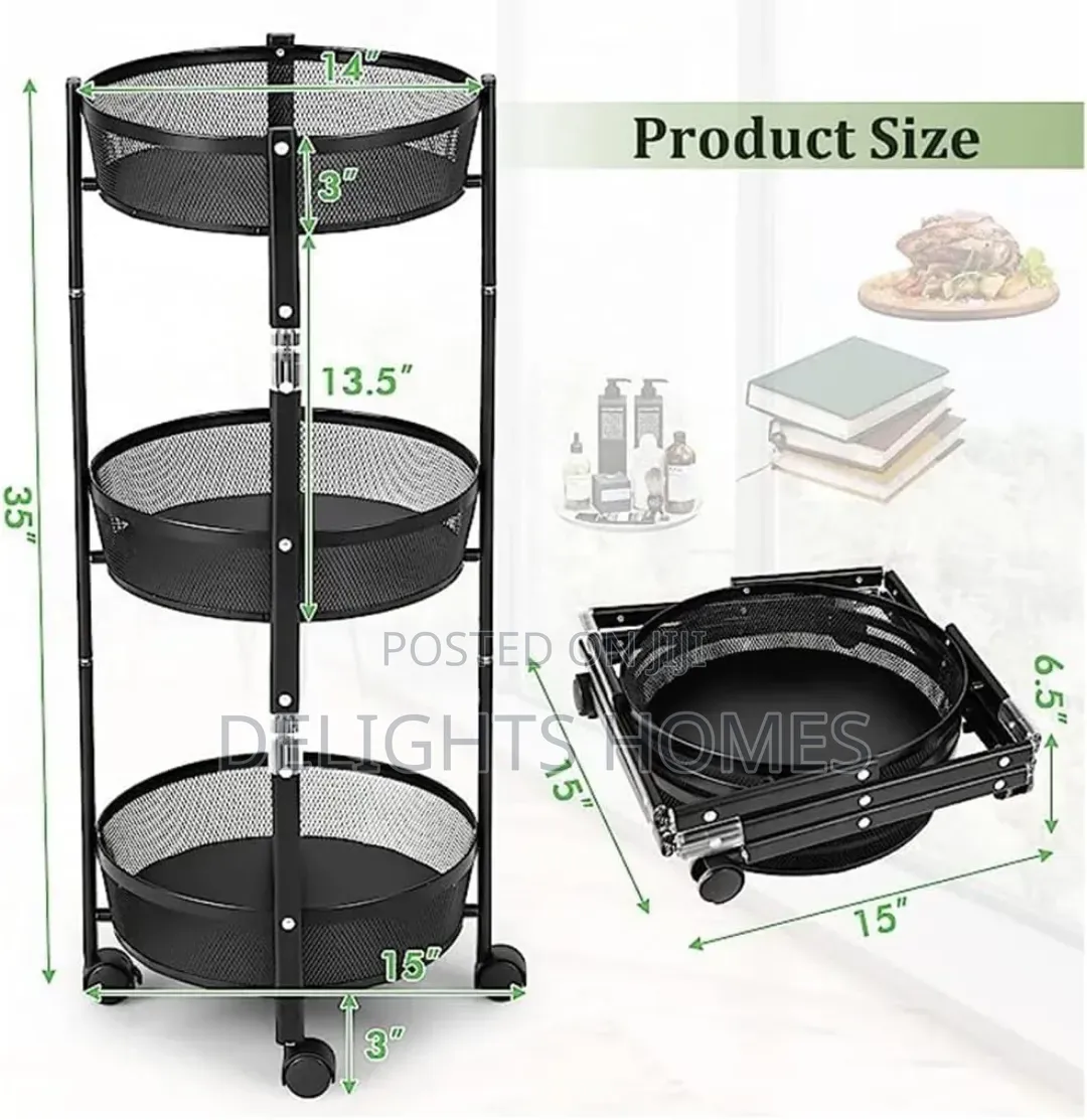 Heavy Duty Kitchen 3tier Foldable Trolley Storage Basket_tr