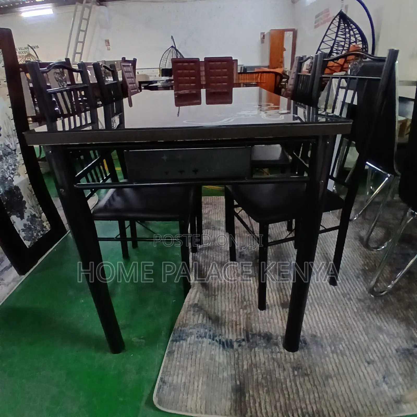 Dining Set: Black Metallic 4 Person Dining Set With Glossy Finish