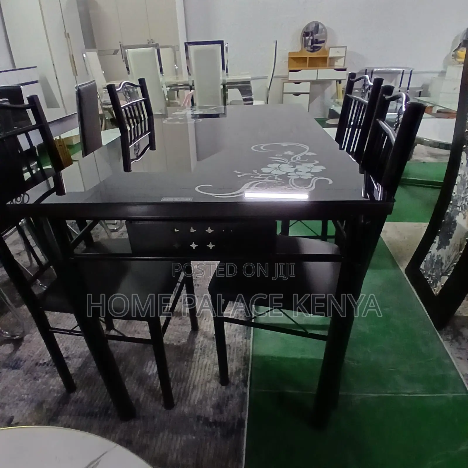 Dining Set: Black Metallic 4 Person Dining Set With Glossy Finish