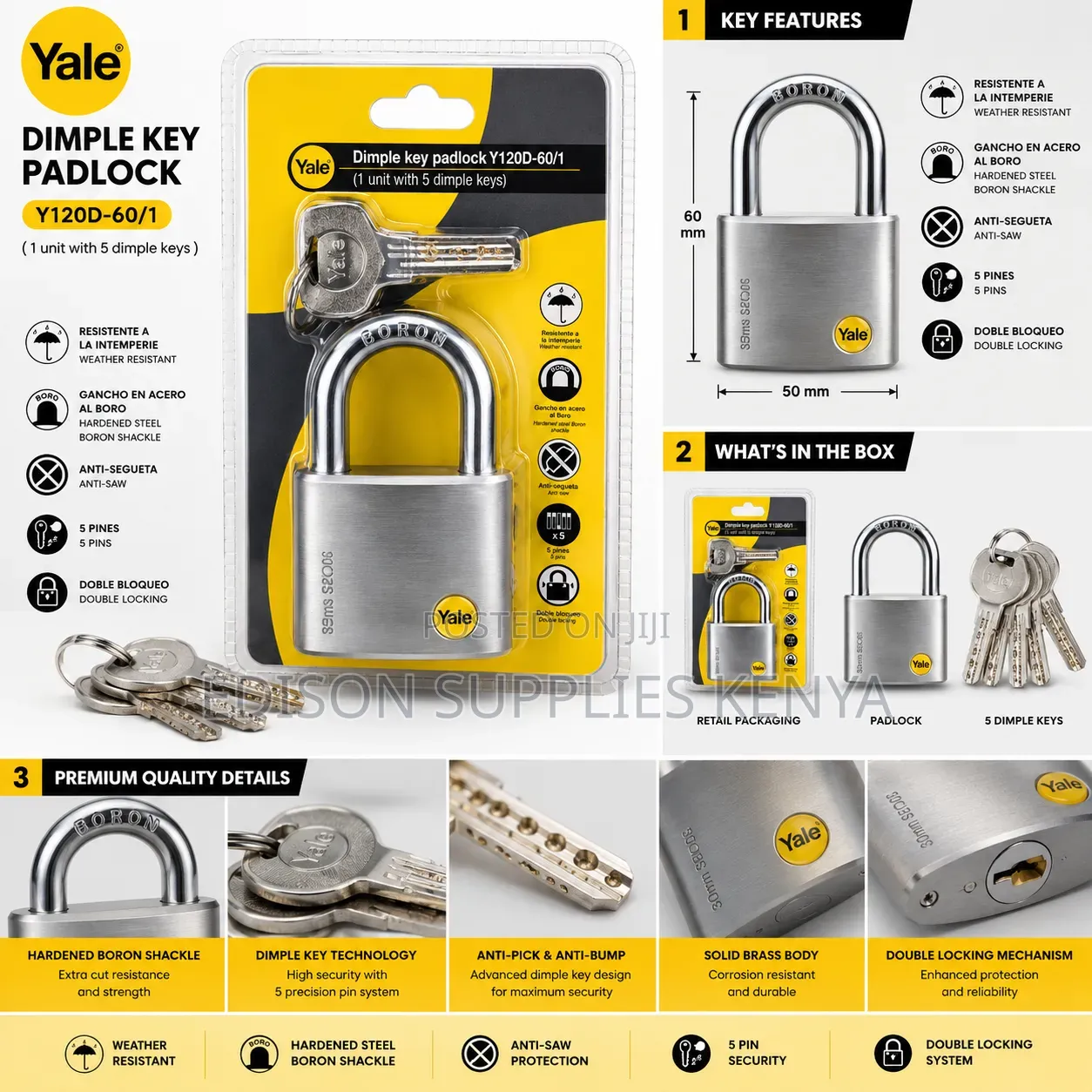 60mm Yale Padlock Dimple Keyed Padlock 5 Keys Theft Weather Resistant