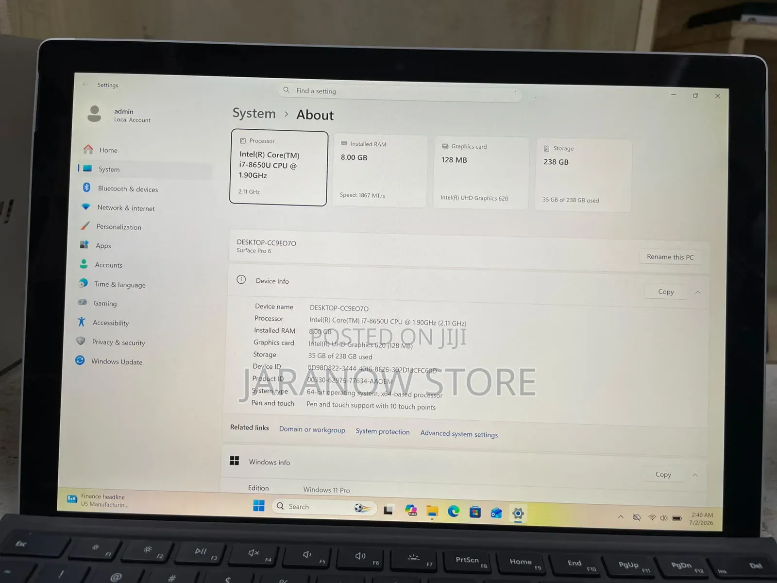 Laptop Microsoft Surface Pro 6 8GB Intel Core i7 SSD 256GB