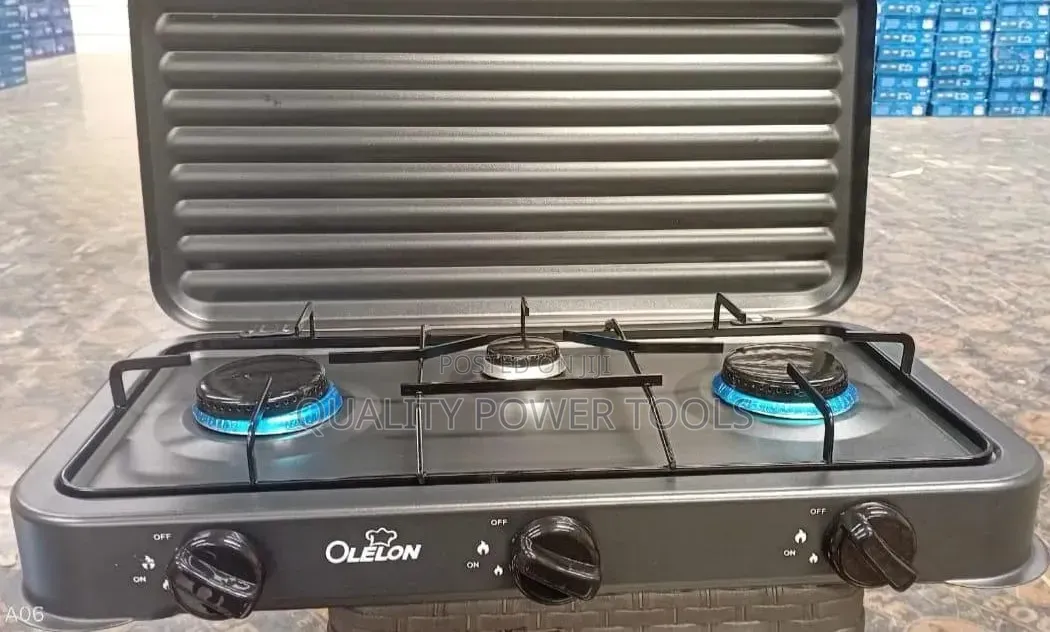 Olelon 3 Burner Black Metallic Tabletop Gas Stove With Lid