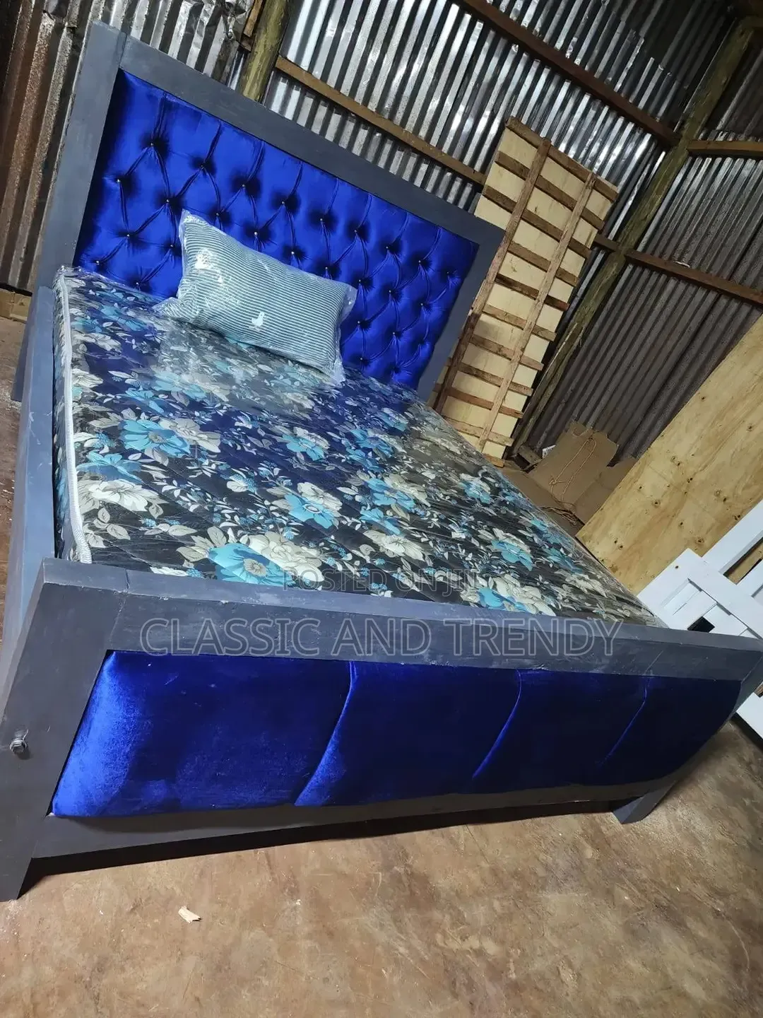 5x6 Blue Fabric and Grey Frame Upholstered Bed