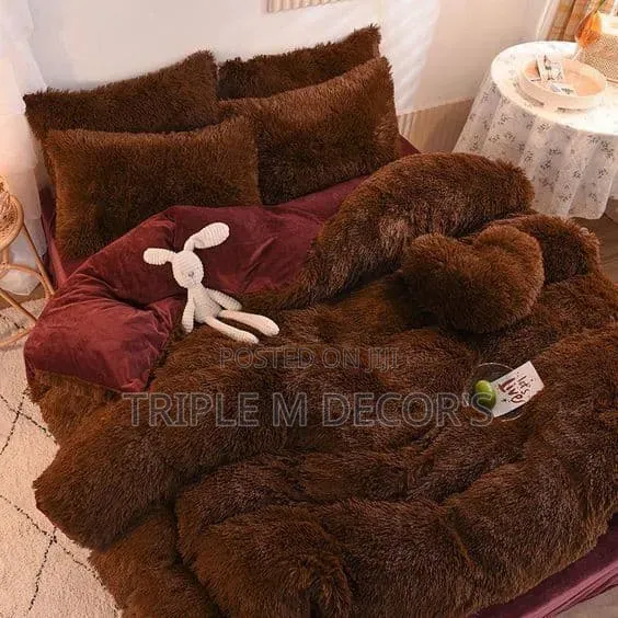 Navy Blue Brown Fluffy Duvet Set