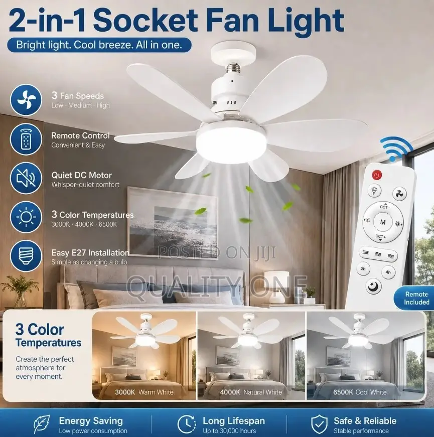 Modern E27 Led Ceiling Fan Light W/Remote 3 Color Dimmable -