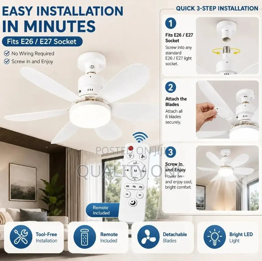 Modern E27 Led Ceiling Fan Light W/Remote 3 Color Dimmable -