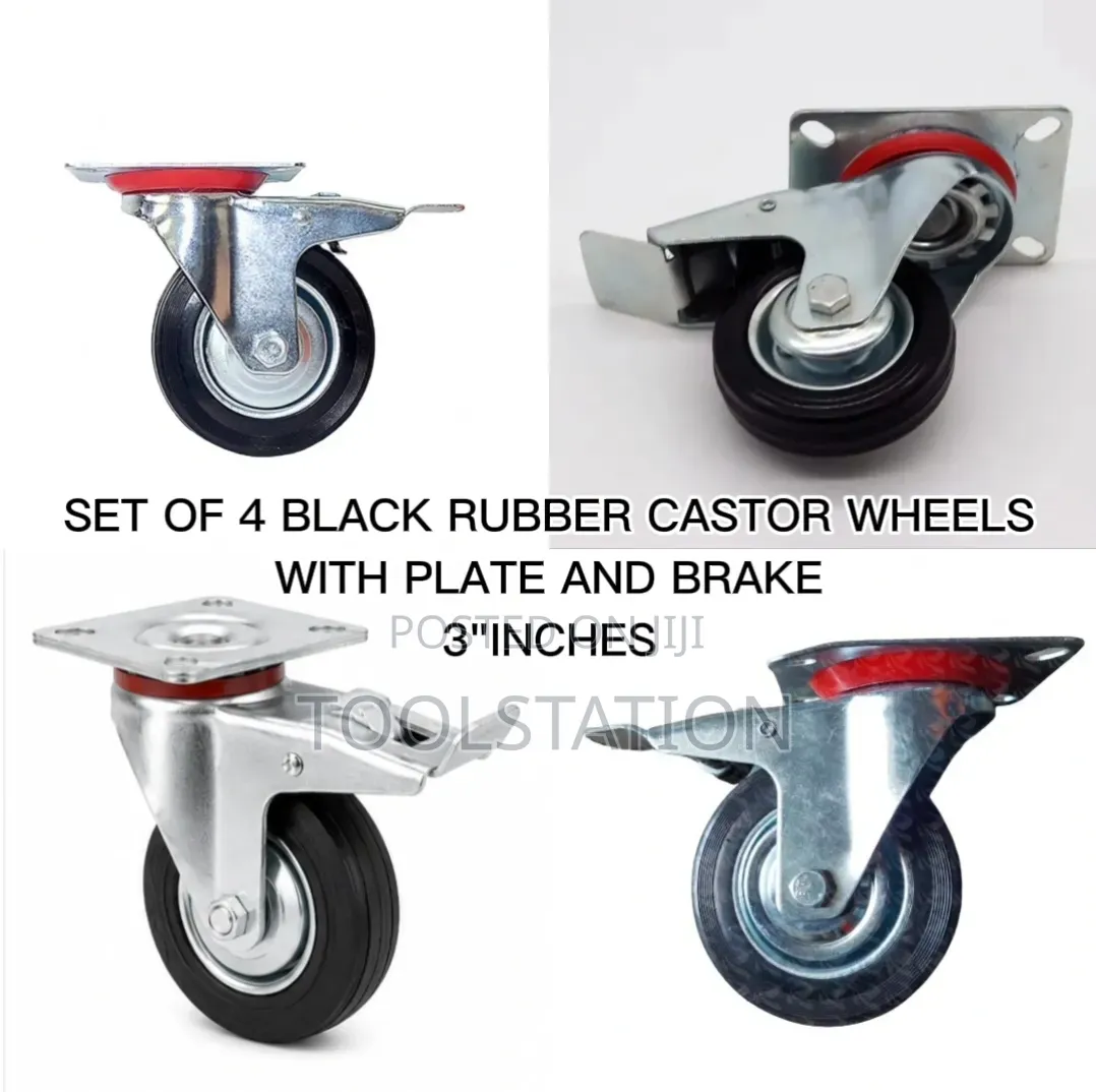 Castor Wheels Rubber 3 Inch Set Of 4 With Plate And Brake