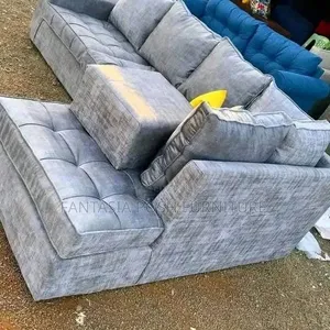 Grey Fabric L-Shaped Sofa + Ottoman