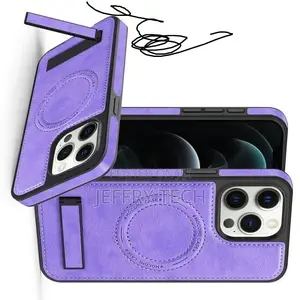 iPhone 15 Pro Max Multi-Function Holder Magsafe Pu Phone Case(Purple)