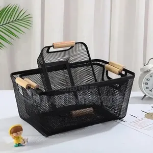 3 Pcs Mesh Plastic Storage Baskets With Bamboo Handles.