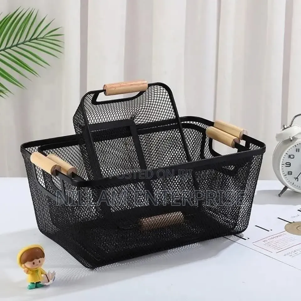 3 Pcs Mesh Plastic Storage Baskets With Bamboo Handles.