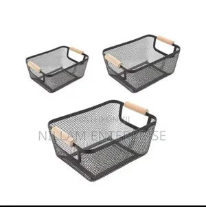 3 Pcs Mesh Plastic Storage Baskets With Bamboo Handles.
