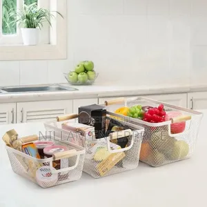 3 Pcs Mesh Plastic Storage Baskets With Bamboo Handles.
