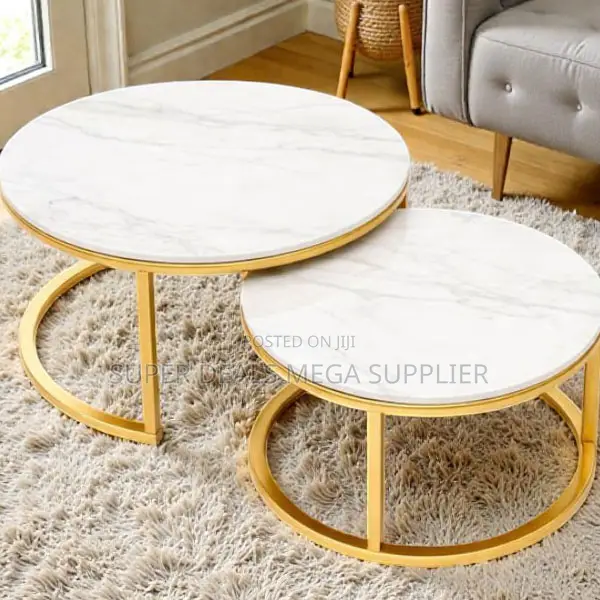 Stylish Round Marble Top Coffee Table Set Gold Frame Modern Décor