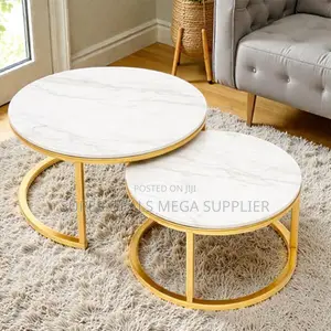 Stylish Round Marble Top Coffee Table Set Gold Frame Modern Décor