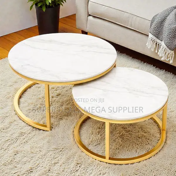 Minimalist Marble Top Coffee Tables Set With Luxury Gold Metal Base