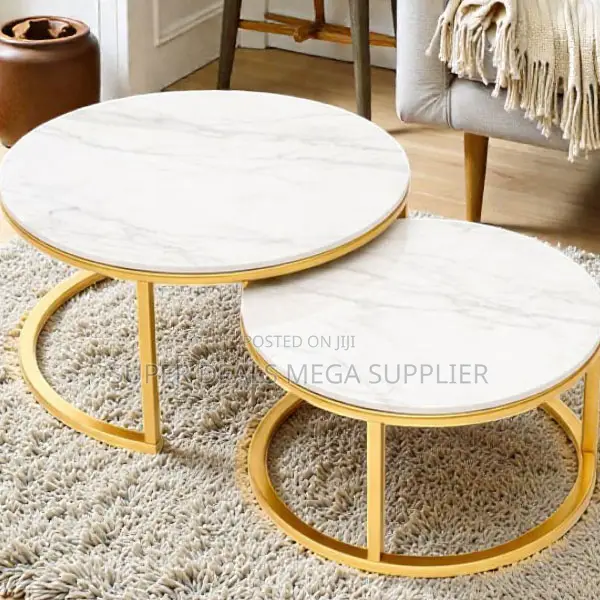 Chic White Marble Coffee Tables Set Gold Finish Contemporary Style