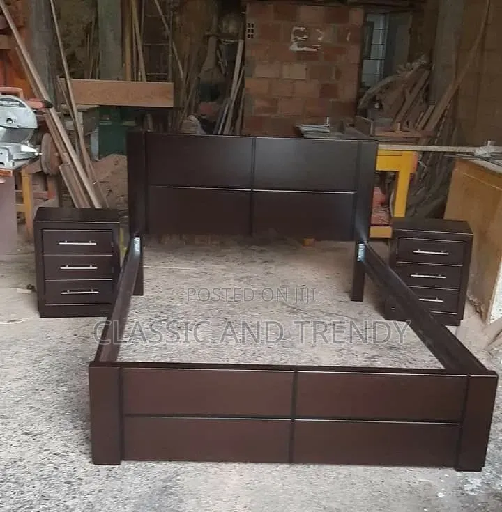 Modern Dark Walnut Wooden Bed With Matching Drawers