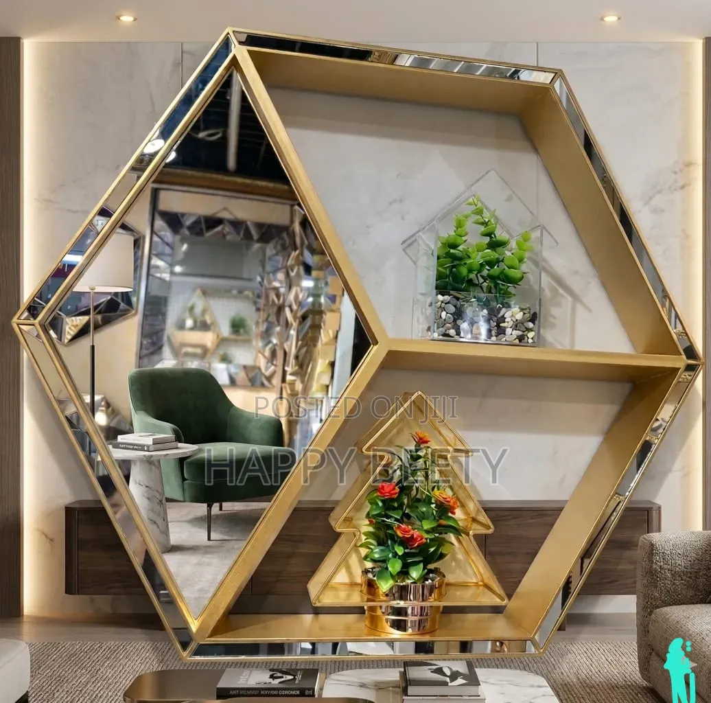  *Luxury Gold Hexagon Wall Mirror With Display Shelves*