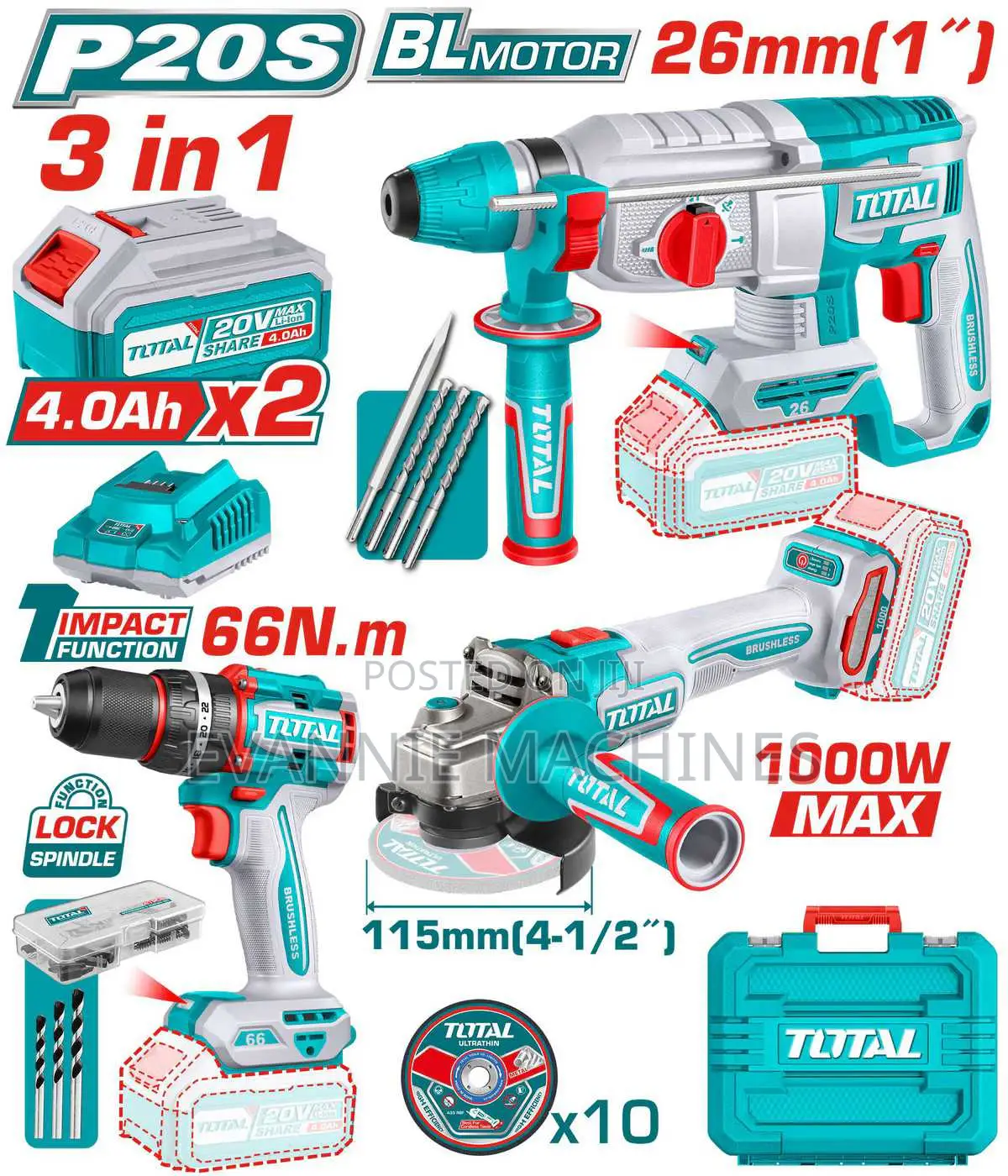 Total Tosli241198 Cordless 3 PCS Combo Kit