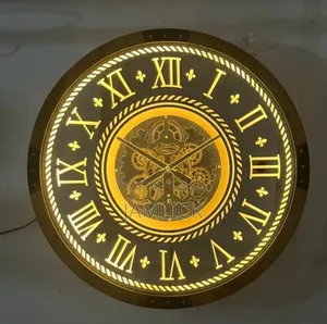Led Rustic Wooden Wall Clock With Remote Functional Iron Gears - Gh