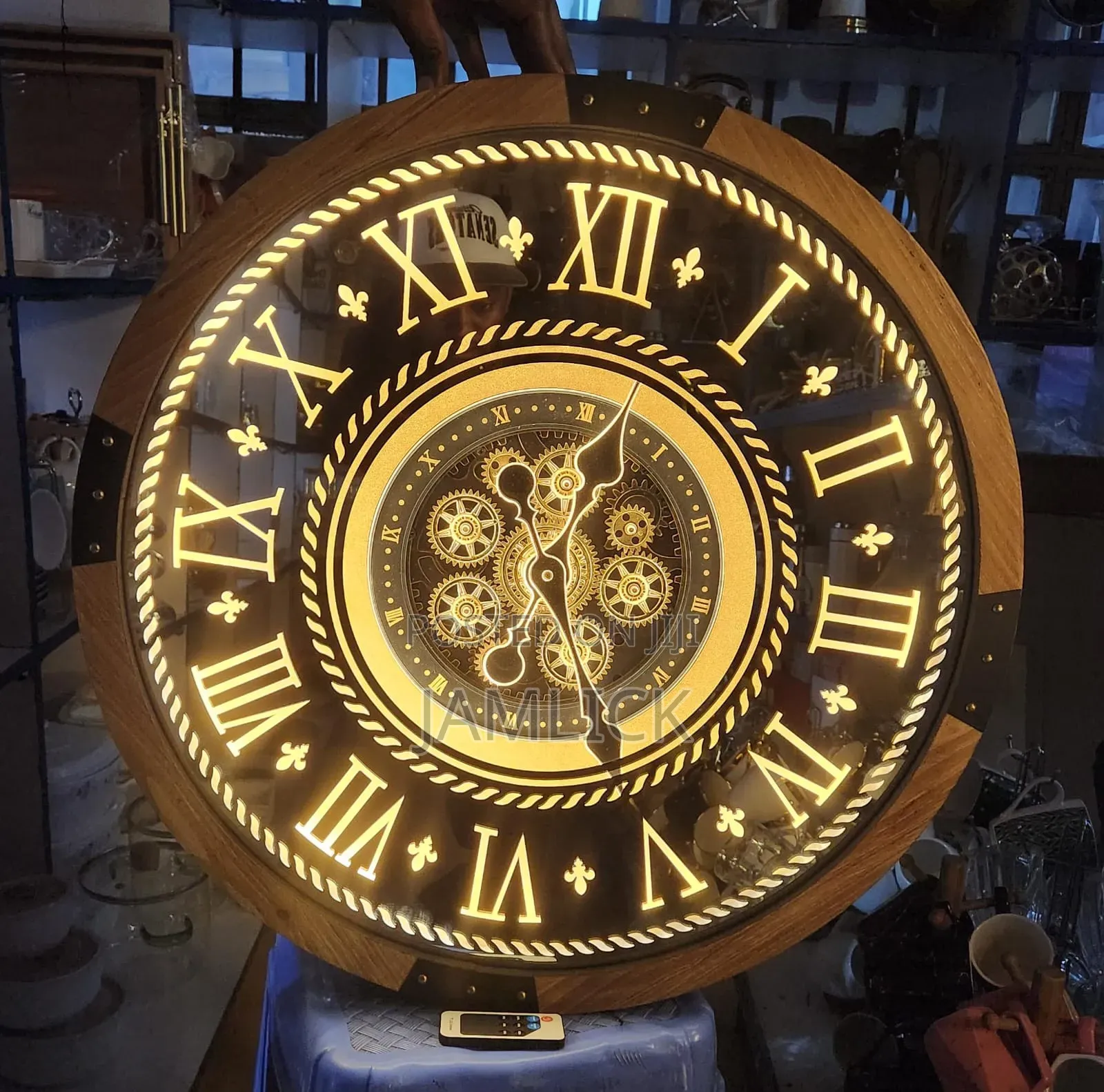 Led Rustic Wooden Wall Clock With Remote Functional Iron Gears - Gh