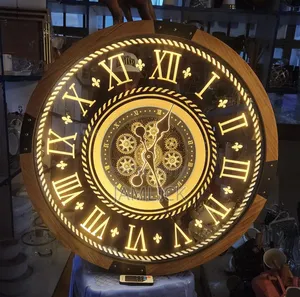 Led Rustic Wooden Wall Clock With Remote Functional Iron Gears - Gh