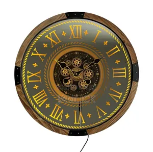 Led Rustic Wooden Wall Clock With Remote Functional Iron Gears - Gh