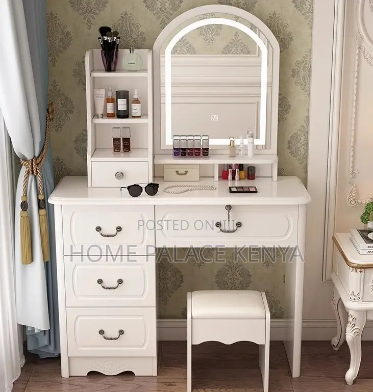 Vanity Set: Snow White Dressing Vanity With Black Handles