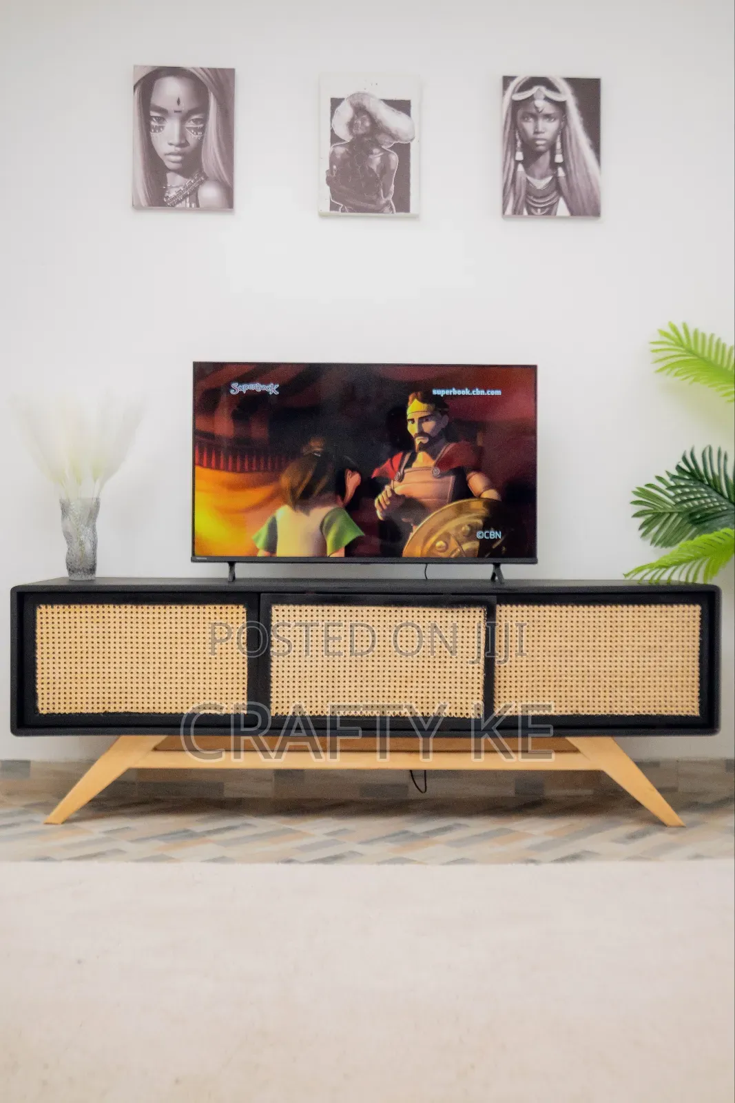 Scorp Media Console - Black Rattan Sliding Doors Tv Stand