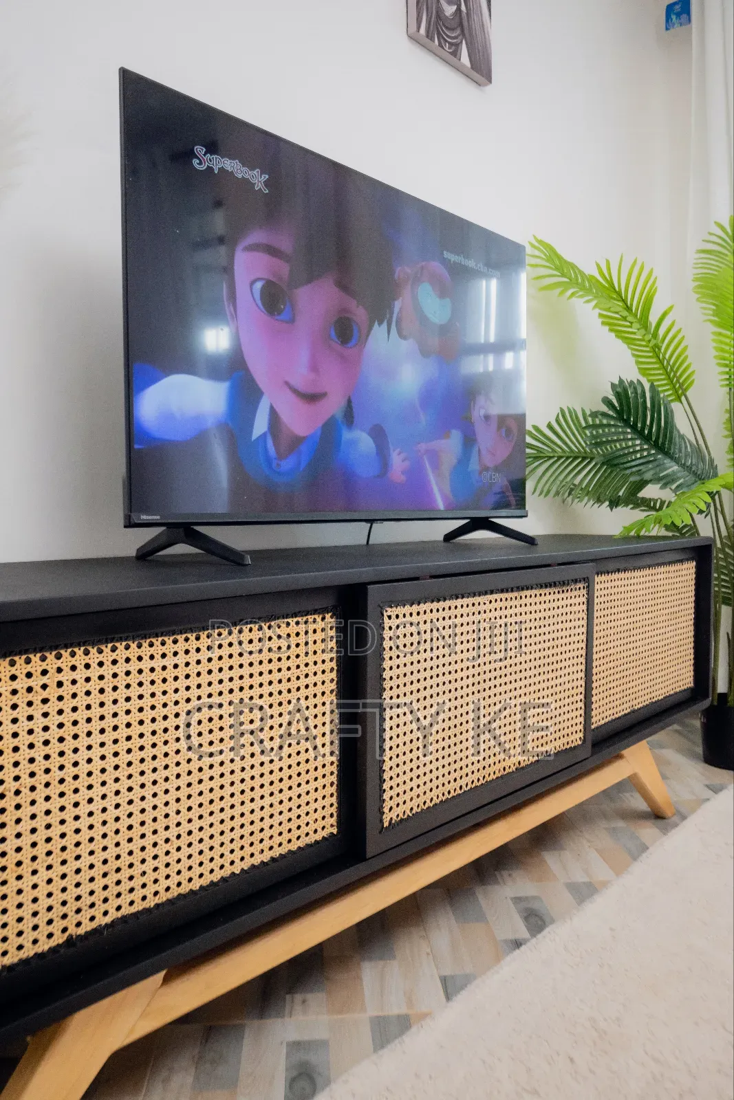 Scorp Media Console - Black Rattan Sliding Doors Tv Stand