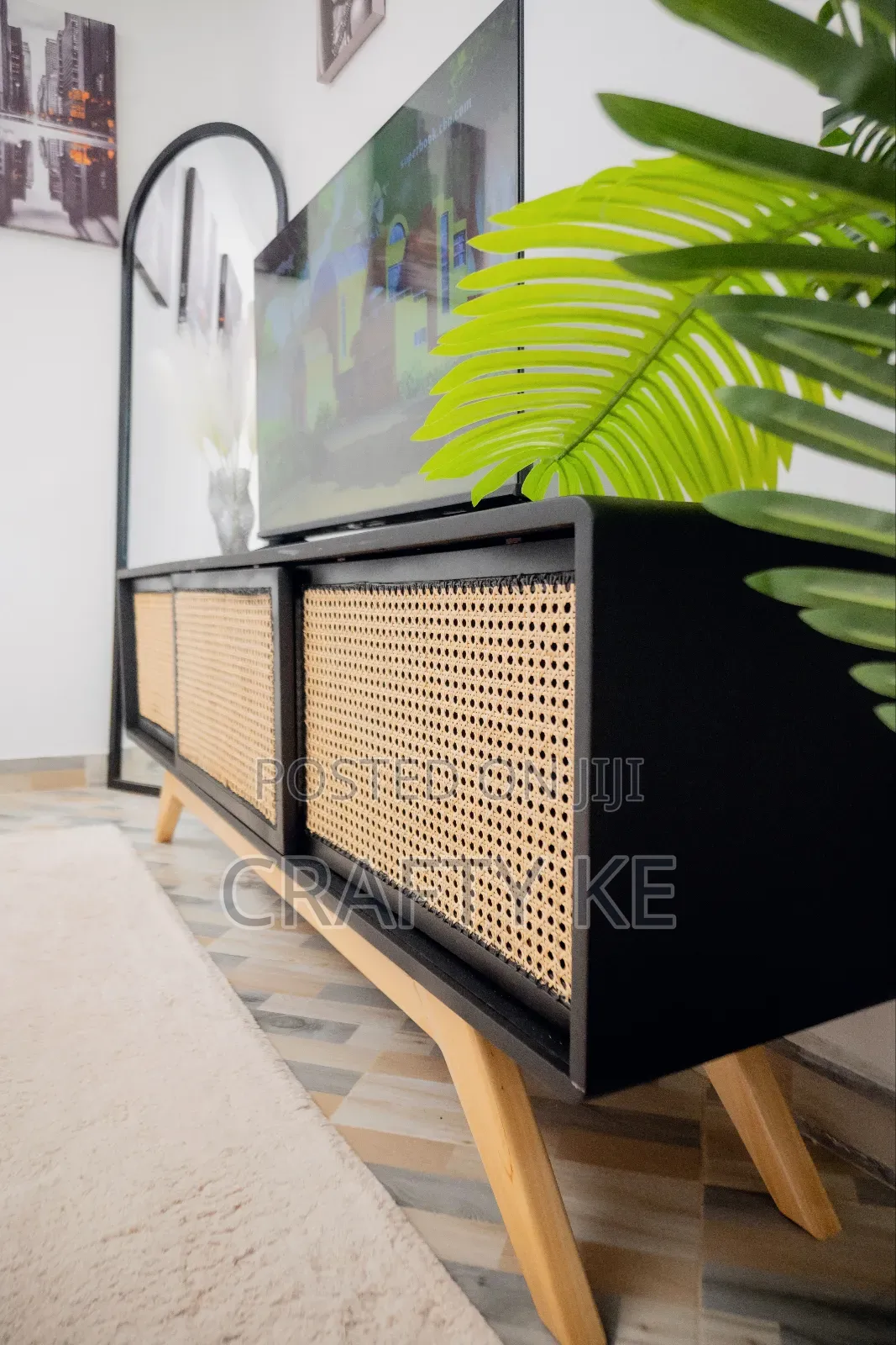 Scorp Media Console - Black Rattan Sliding Doors Tv Stand