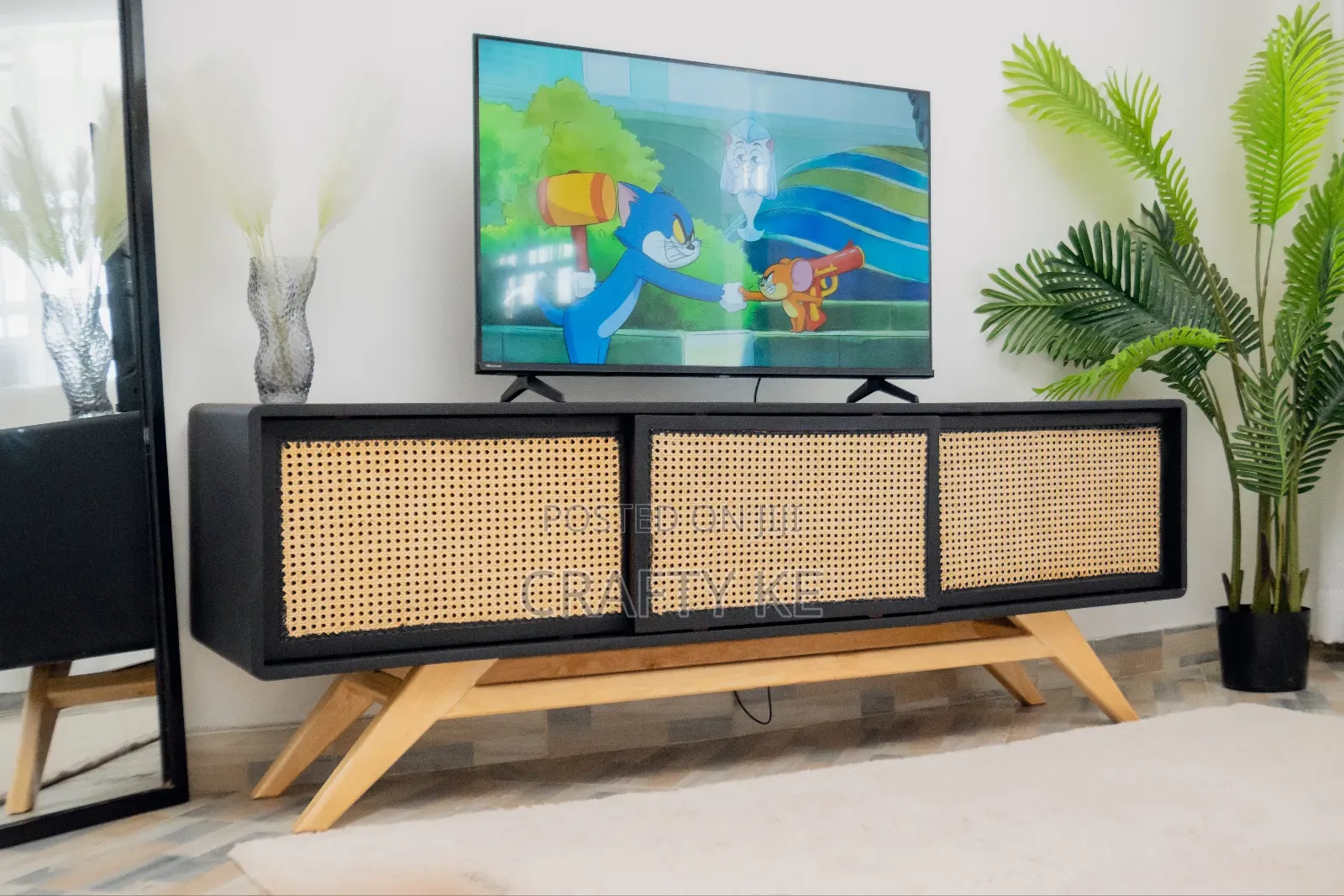 Scorp Media Console - Black Rattan Sliding Doors Tv Stand