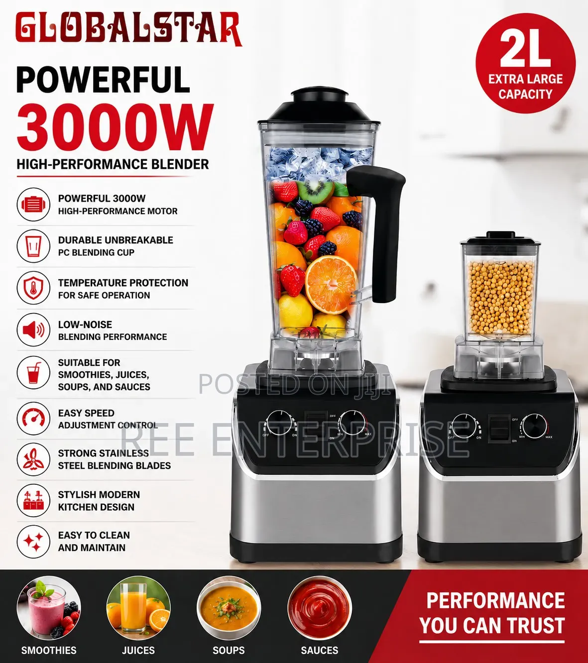 Globalstar 2 in 1 3000w 2l* Blender Grinder Commercial Blender