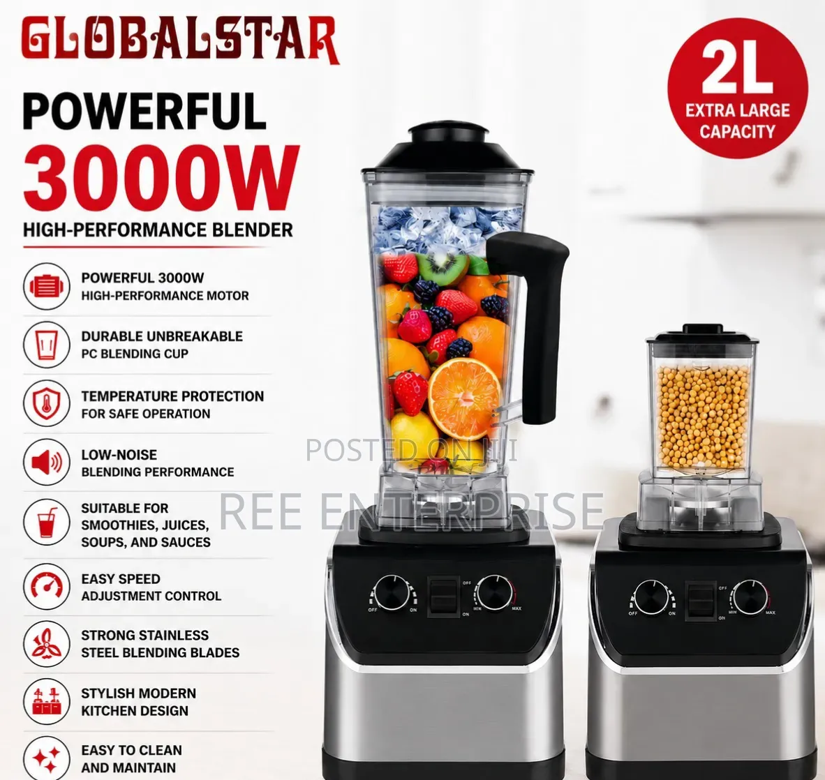 Globalstar 2 in 1 3000w 2l* Blender Grinder Commercial Blender